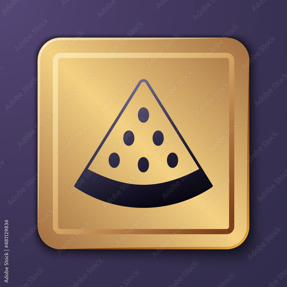 Purple Watermelon icon isolated on purple background. Gold square button. Vector