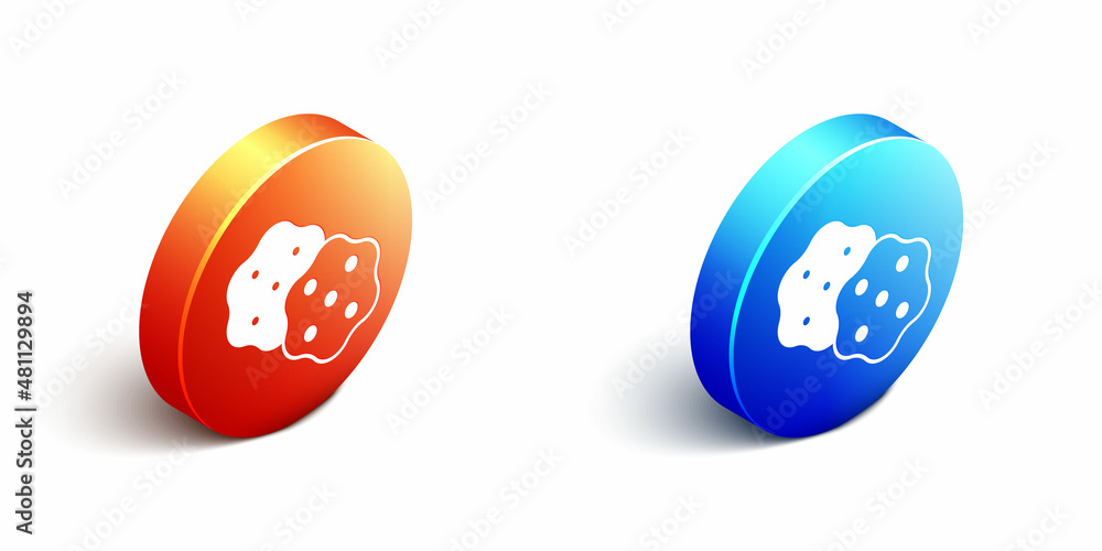 Isometric Cracker biscuit icon isolated on white background. Sweet cookie. Orange and blue circle bu