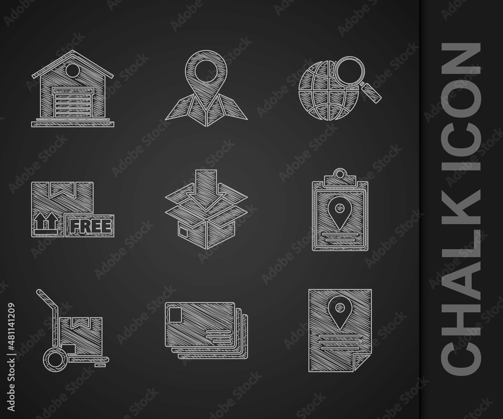 Set Cardboard box with traffic symbol, Envelope, Document tracking marker system, Hand truck and box