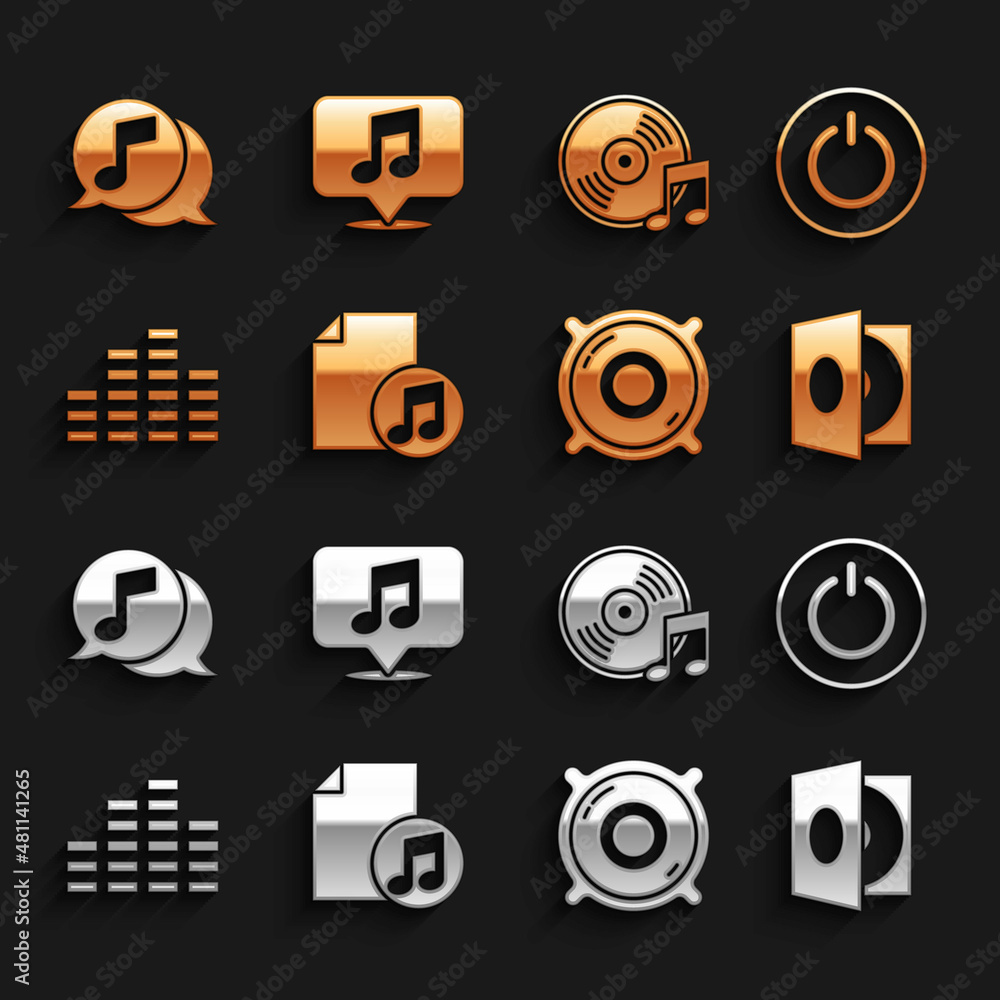 设置带音符的音乐书、电源按钮、黑胶播放器、黑胶唱片、立体声扬声器、均衡器、Musica