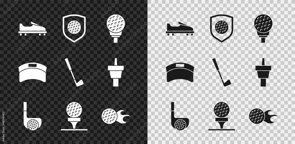 Set Golf shoe, ball with shield, on tee, club, Sun visor cap and icon. Vector