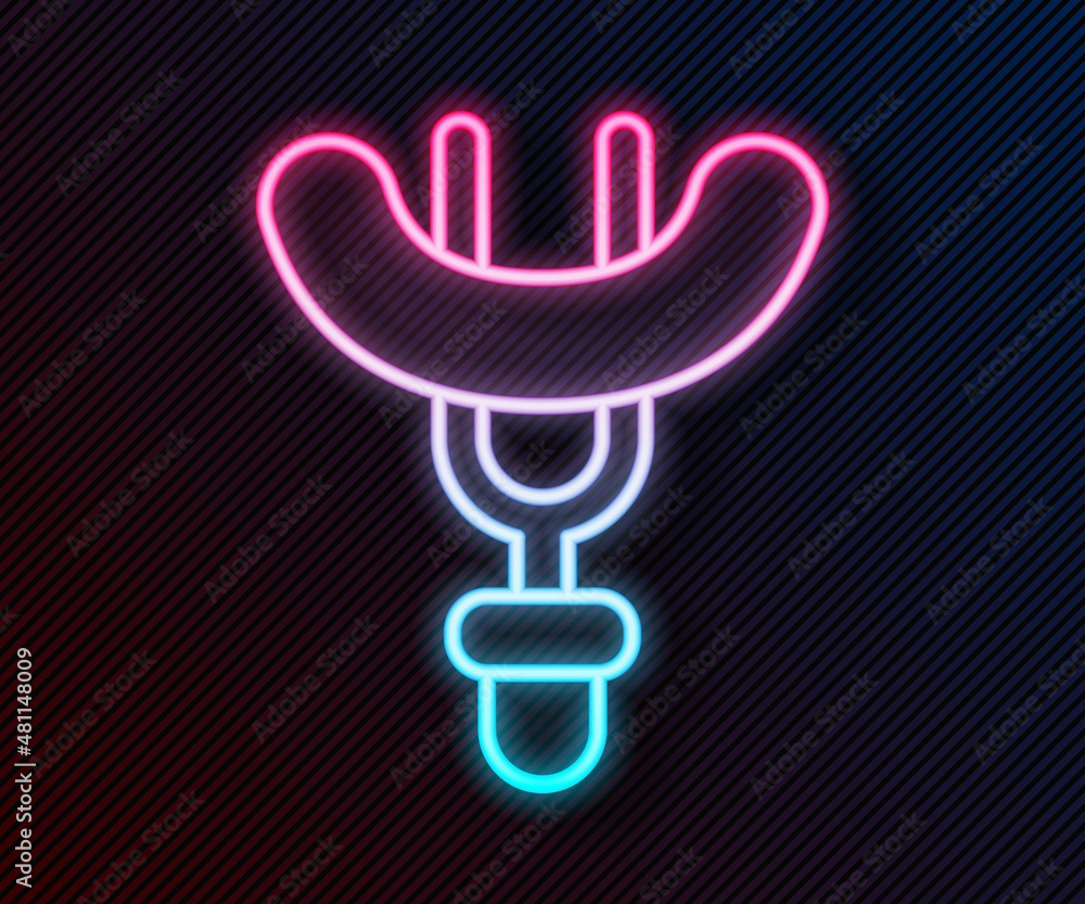 Glowing neon line Sausage on the fork icon isolated on black background. Grilled sausage and aroma s