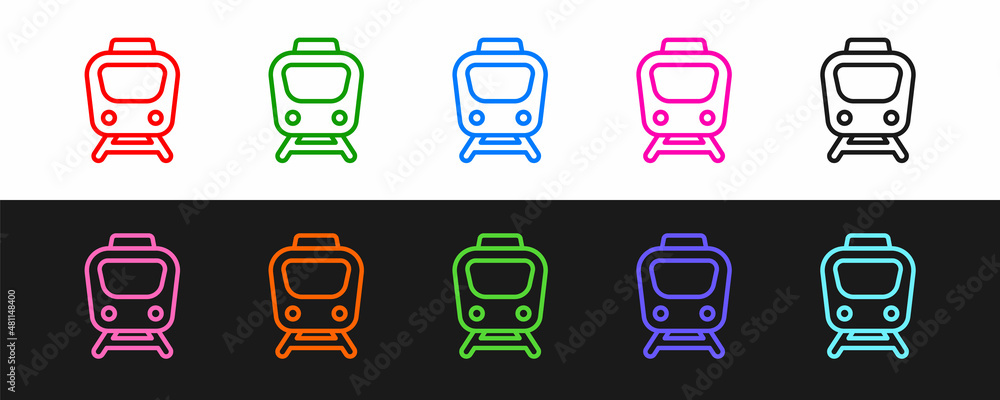 Set line Train icon isolated on black and white background. Public transportation symbol. Subway tra