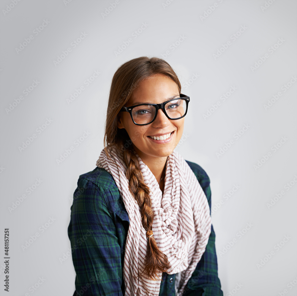 Shes got the trends down. A young hipster girl in studio.