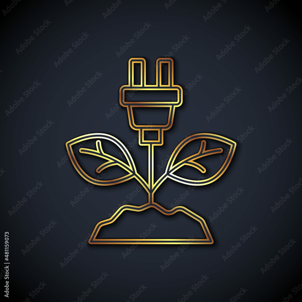 Gold line Electric saving plug in leaf icon isolated on black background. Save energy electricity. E