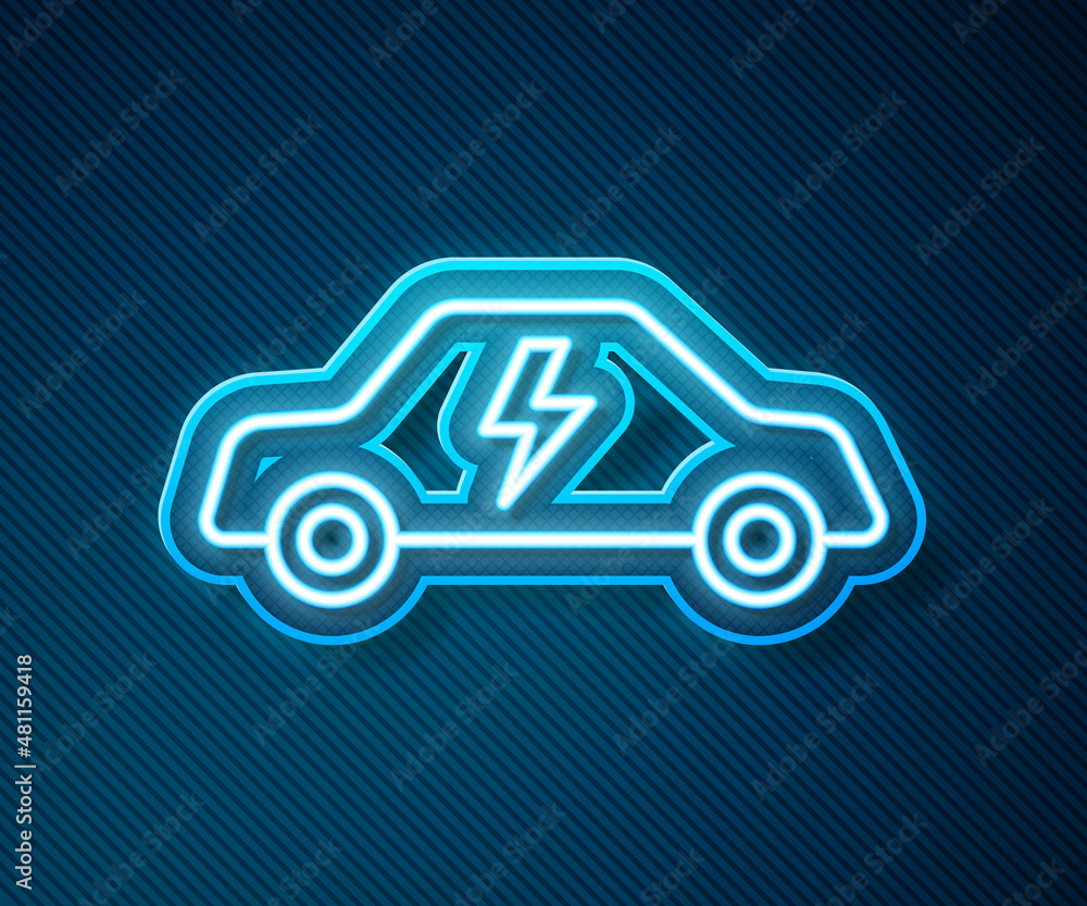 Glowing neon line Electric car and electrical cable plug charging icon isolated on blue background. 