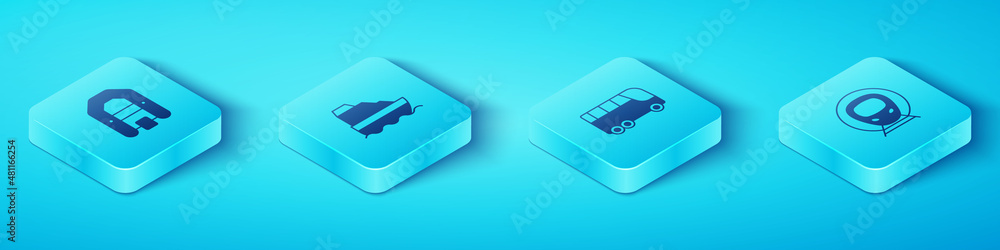 Set Isometric Rafting boat, Cruise ship, Train and railway and Bus icon. Vector