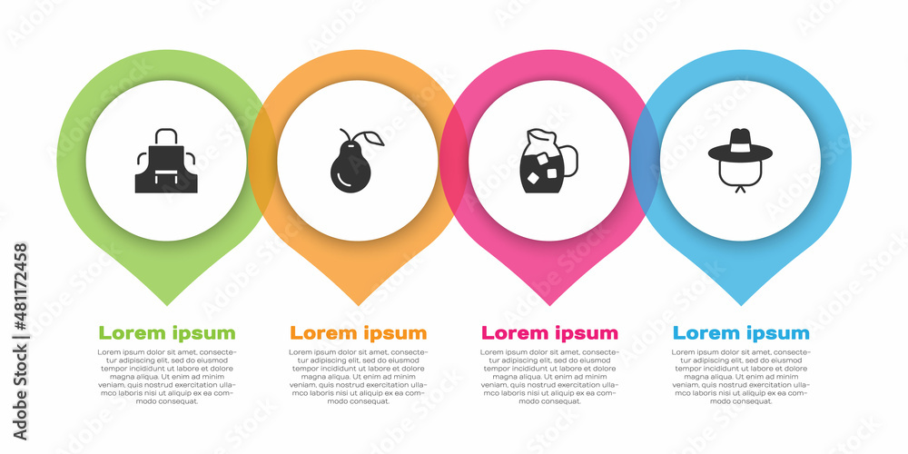 设置厨房围裙、梨、带水的水壶和露营帽。商业信息图模板。矢量