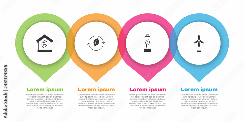 设置环保住宅，用树叶、自然电池和风力涡轮机作为回收标志。商业信息图