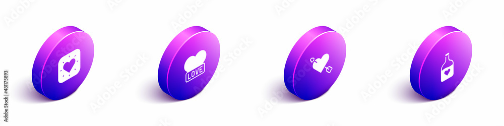 Set Isometric Heart, Amour with heart and arrow and Bottle love potion icon. Vector