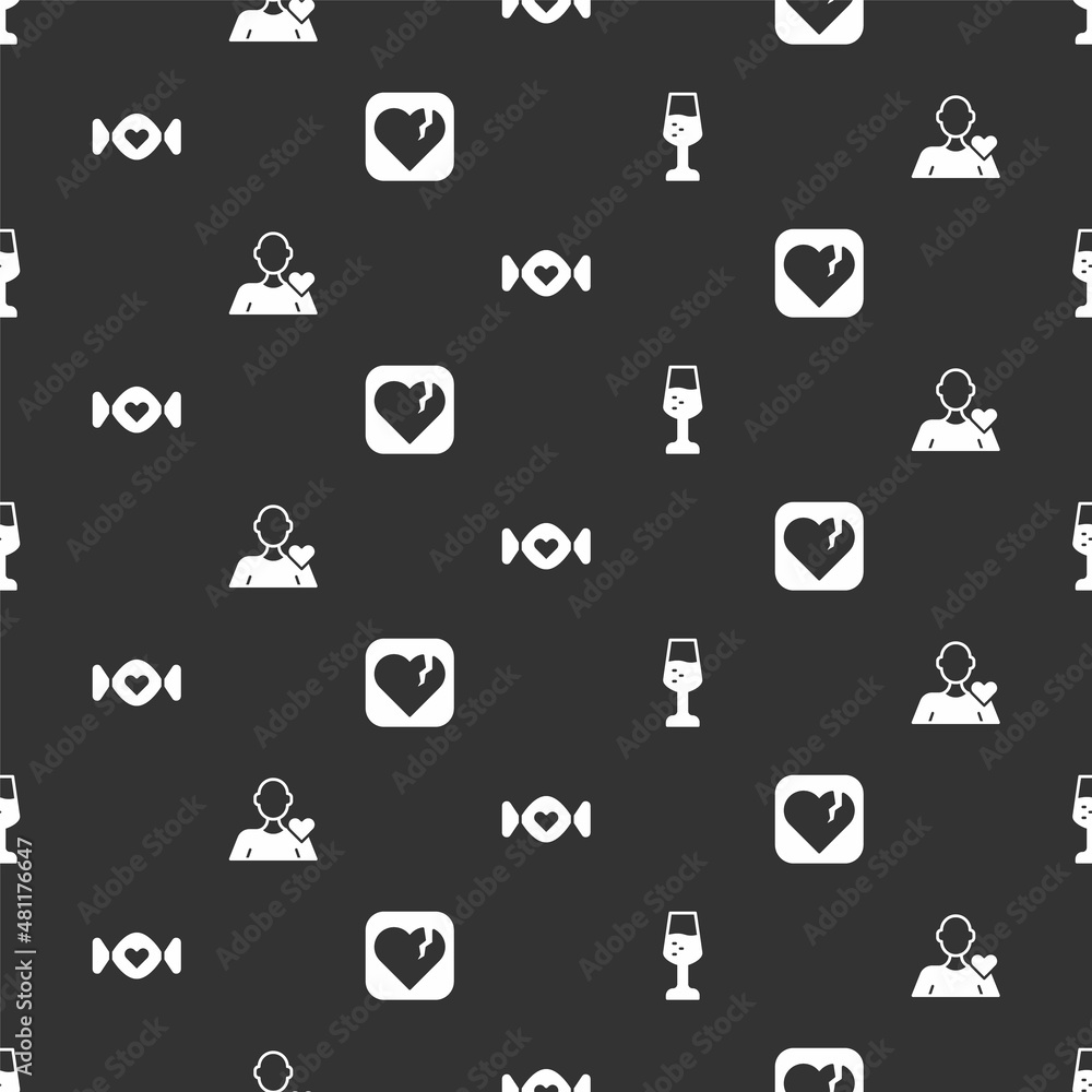 Set Glass of champagne, Romantic man, Candy and Broken heart or divorce on seamless pattern. Vector