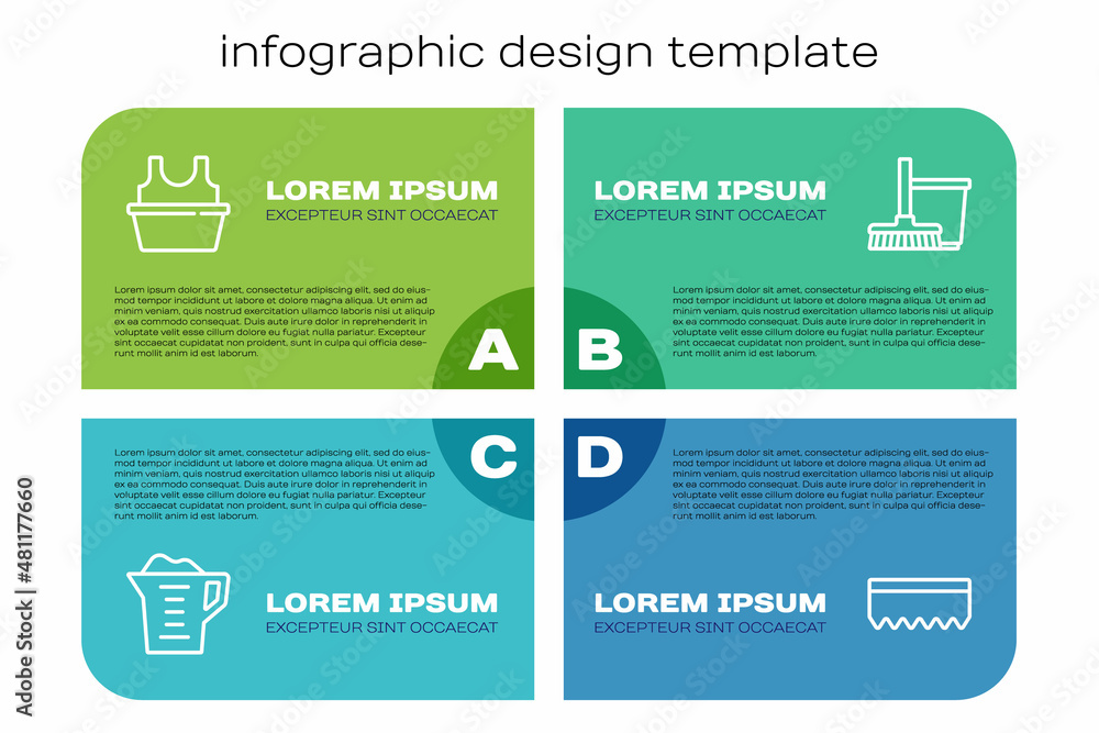 套装洗衣粉、衬衫盆、海绵、拖把和水桶。商业信息图模板。