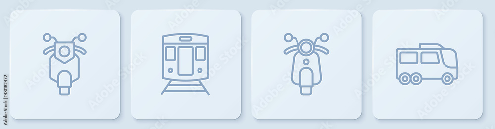 设置线路滑板车、火车、铁路和公共汽车。白色方形按钮。矢量