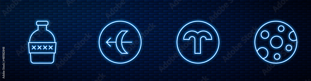 Set line Aries zodiac, Bottle of water, Sagittarius and Full moon. Glowing neon icon on brick wall. 