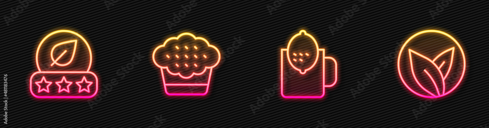 Set line Cup of tea with lemon, Tea leaf, Muffin and . Glowing neon icon. Vector