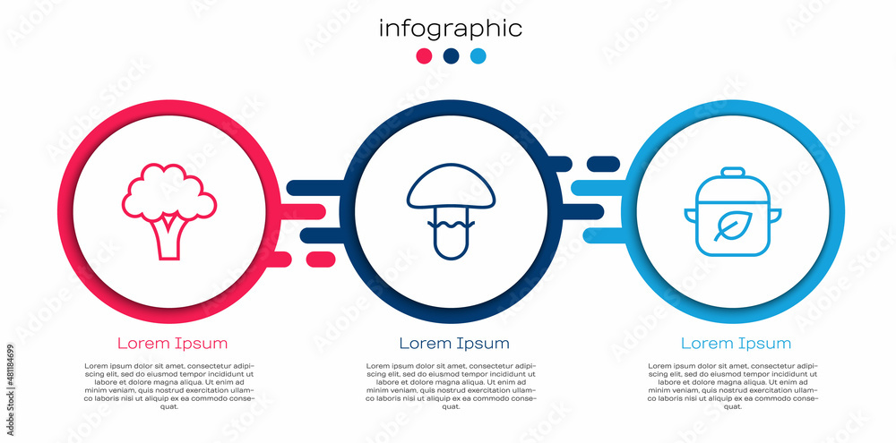 Set line Broccoli, Mushroom and Vegan food diet. Business infographic template. Vector