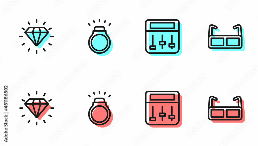 Set line Drum machine music, Diamond, ring and Glasses icon. Vector