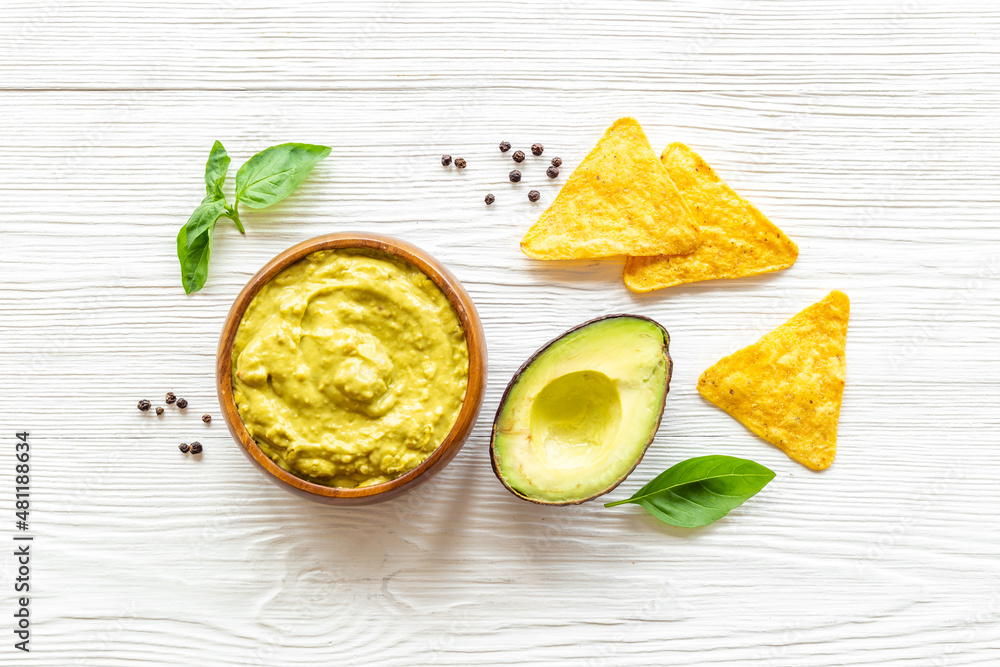 Guacamole sause with avocado and nachos chips