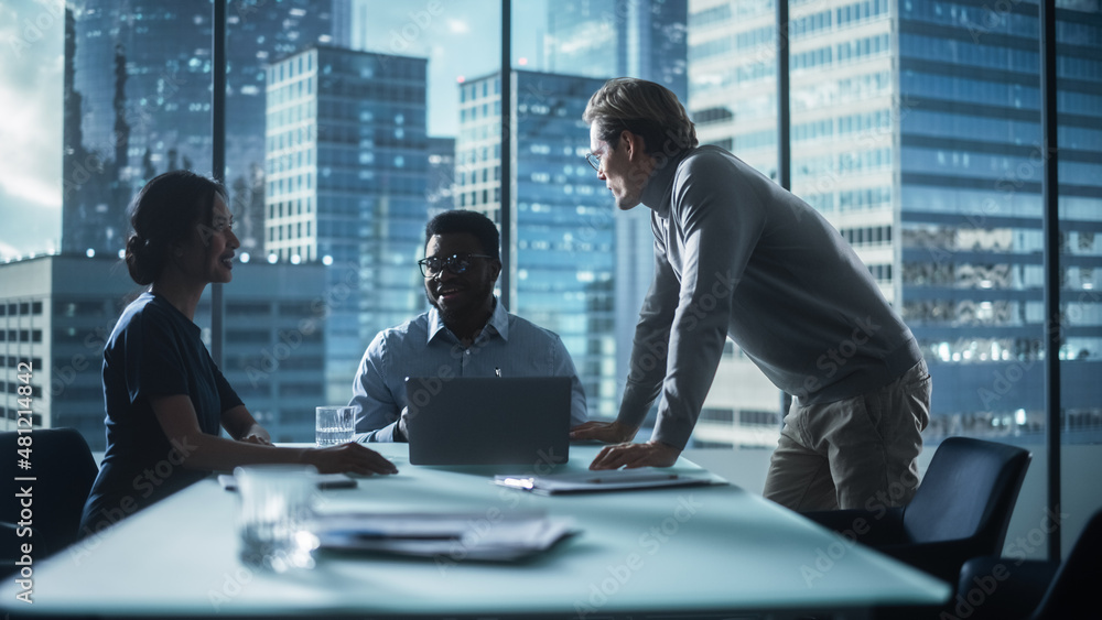 Multiethnic Diverse Office Conference Room Meeting: Team of Three Creative Entrepreneurs Talk, Discu