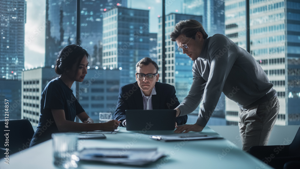 Multiethnic Diverse Office Conference Room Meeting: Team of Three Creative Entrepreneurs Talk, Discu