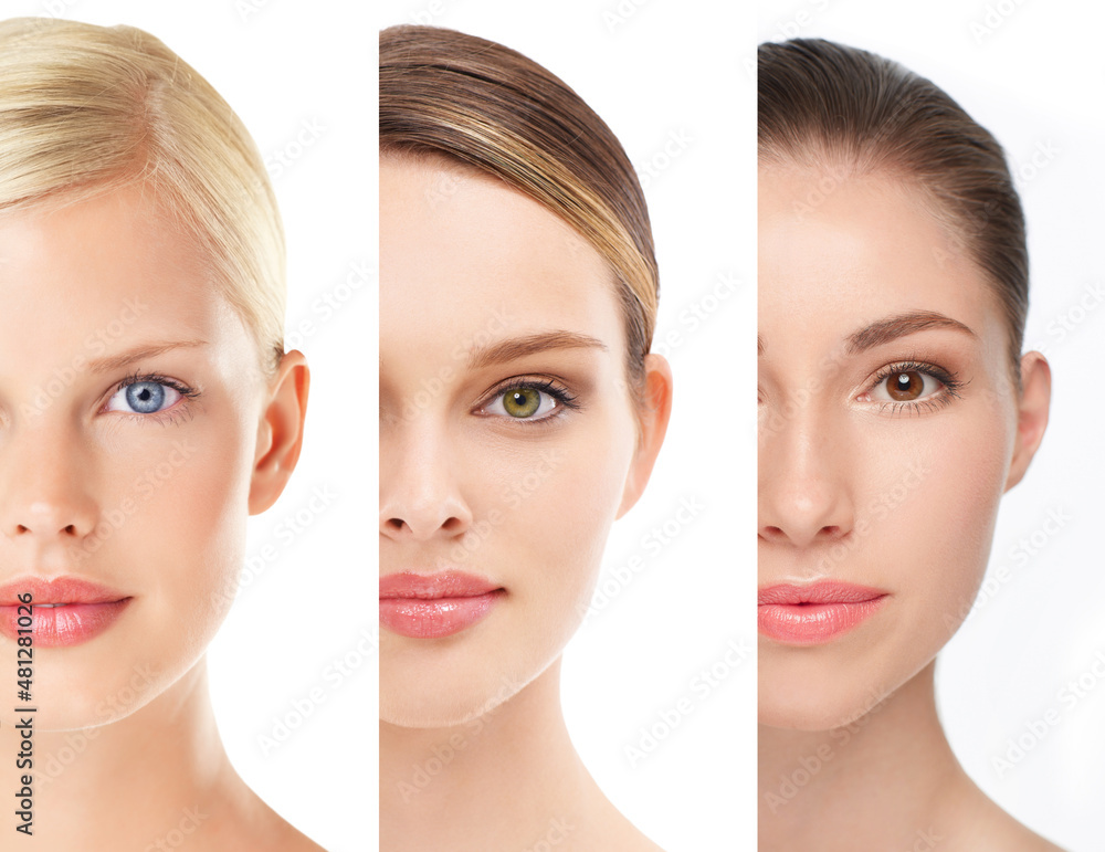 Trifecta of natural beauty. Cropped image of beautiful young women&039;s faces against white backgro