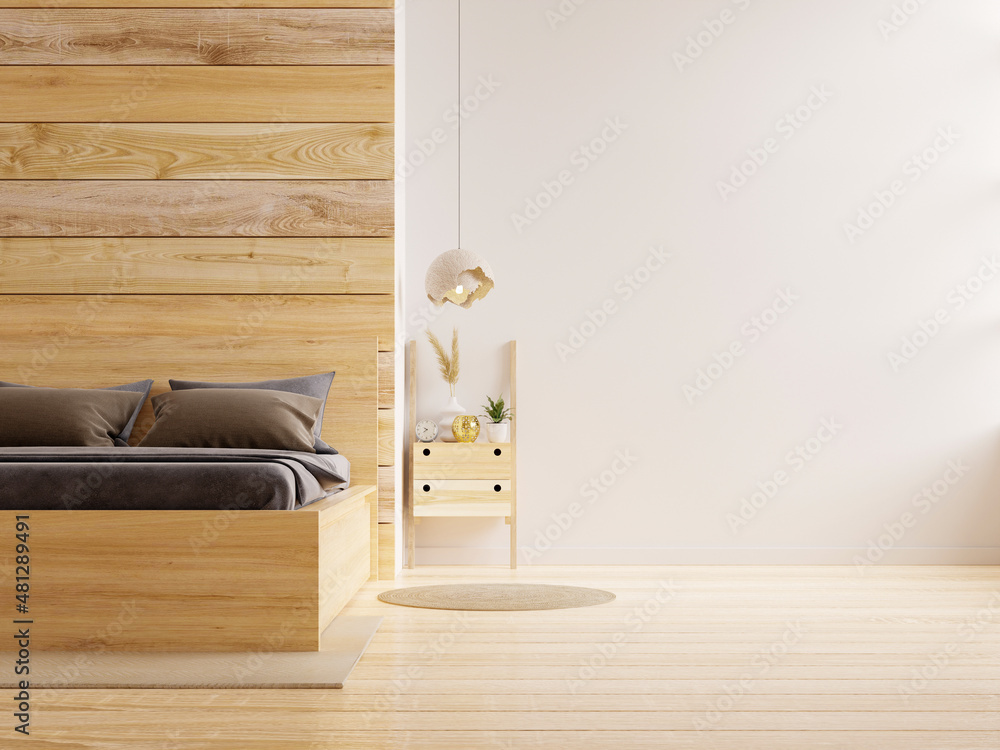 Bedroom interior mockup,Brown bed on empty wooden wall background.