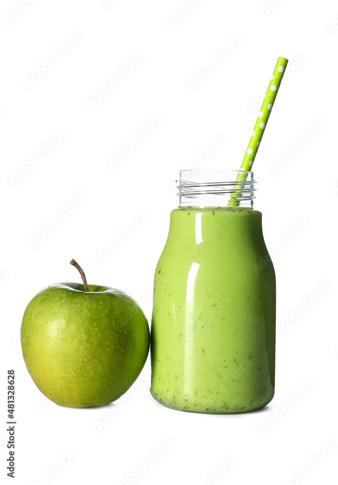 Bottle of healthy green juice and fresh apple on white background