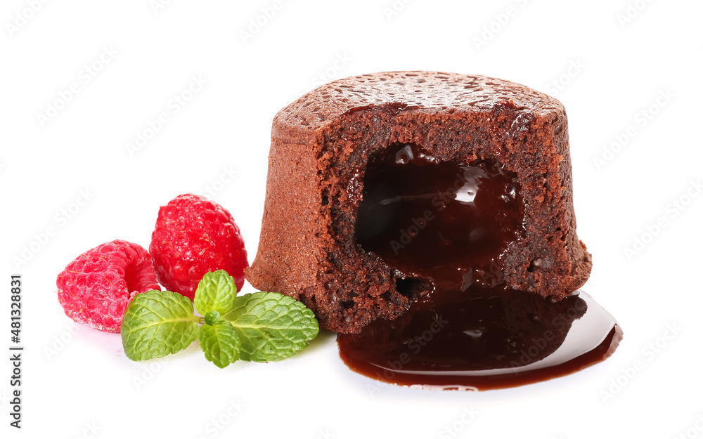 Tasty lava cake fondant and raspberry on white background