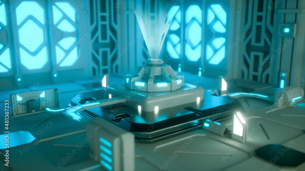 Blue science fiction futuristic environment with a hologram generator. 3D rendering