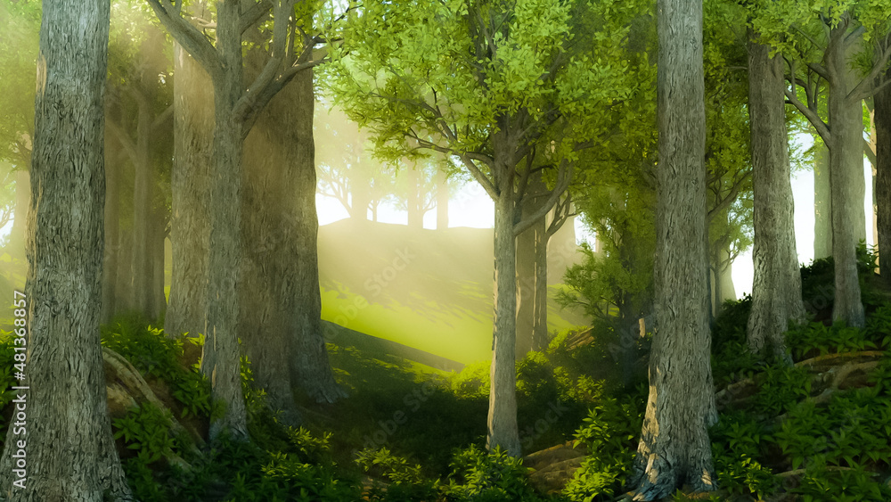 Photorealistic background: morning in a beautiful magic forest with sunrays coming down through the 