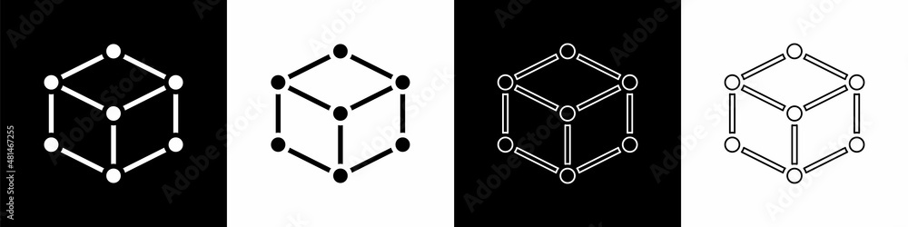 设置黑白背景上的等距立方体图标。几何立方体实体图标。3D方形