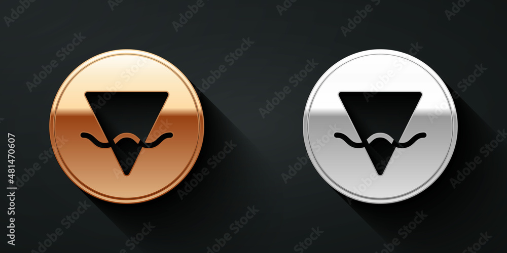 Gold and silver Earth element of the symbol alchemy icon isolated on black background. Basic mystic 