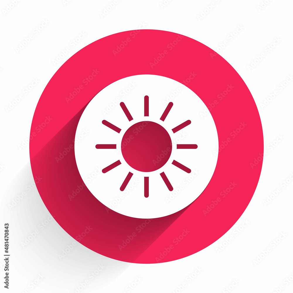 White Sun icon isolated with long shadow background. Red circle button. Vector