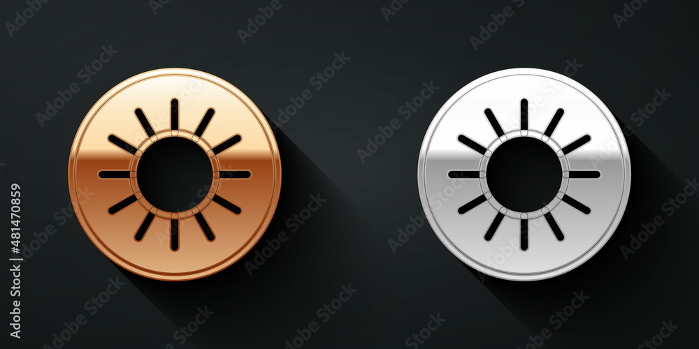 Gold and silver Sun icon isolated on black background. Long shadow style. Vector