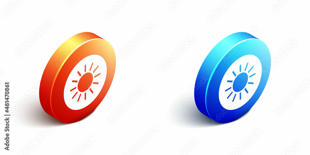 Isometric Sun icon isolated on white background. Orange and blue circle button. Vector