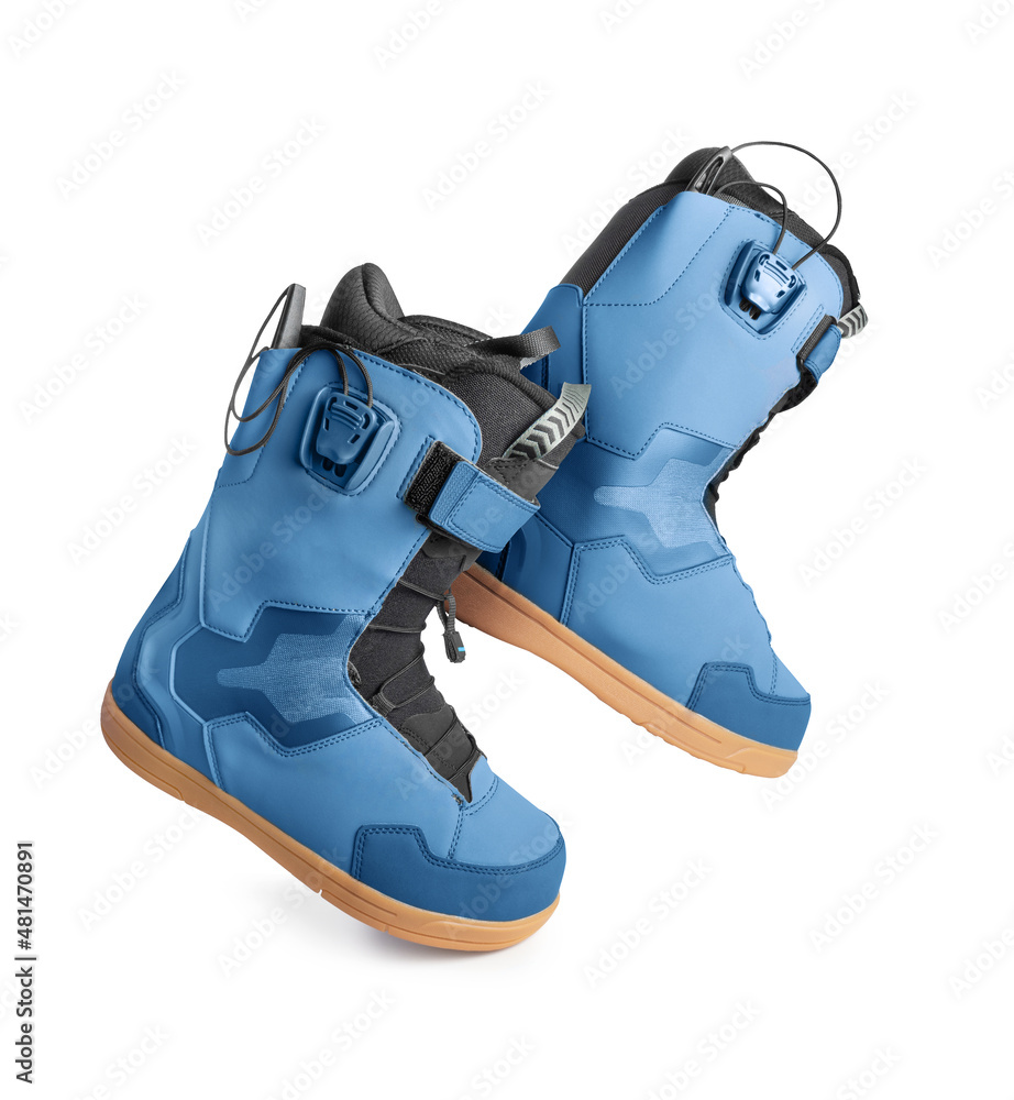 Blue technological snowboard boots isolated on white background