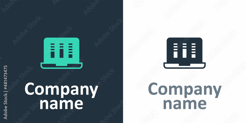 Logotype Sound or audio recorder or editor software on laptop icon isolated on white background. Log