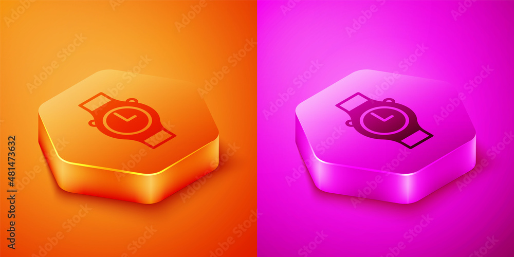 Isometric Wrist watch icon isolated on orange and pink background. Wristwatch icon. Hexagon button. 