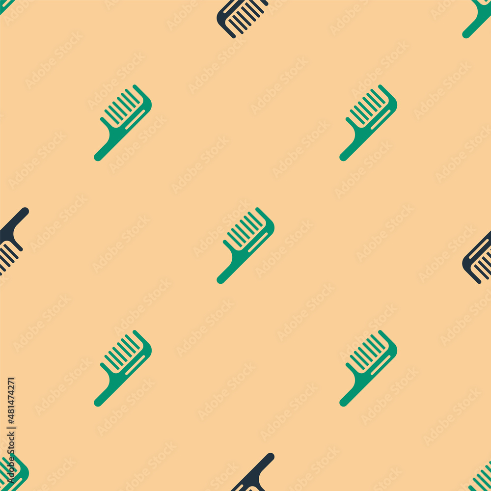 Green and black Hairbrush icon isolated seamless pattern on beige background. Comb hair sign. Barber