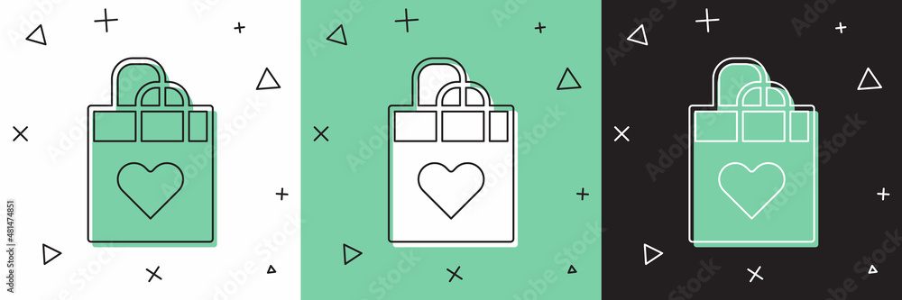 Set Shopping bag with heart icon isolated on white and green, black background. Shopping bag shop lo