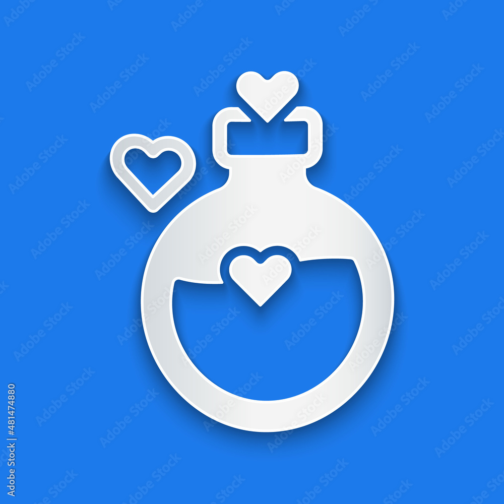 Paper cut Bottle with love potion icon isolated on blue background. Happy Valentines day. Paper art 