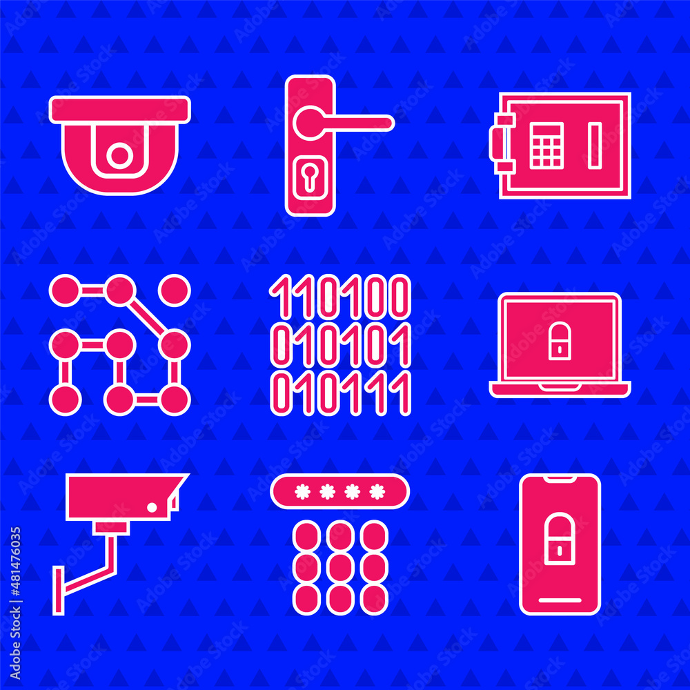 Set Binary code, Password protection, Mobile with closed padlock, Laptop and, Security camera, Graph