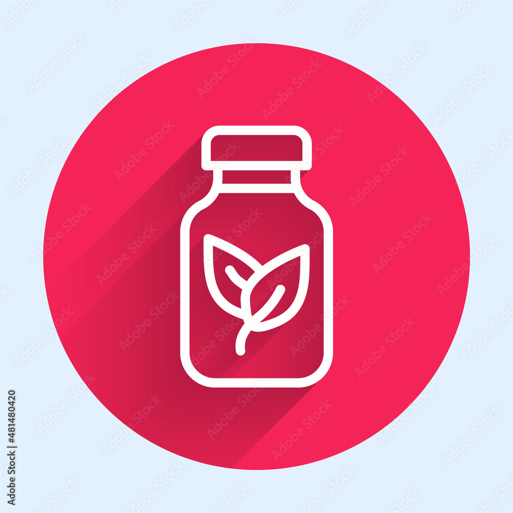 White line Fertilizer bottle icon isolated with long shadow. Red circle button. Vector