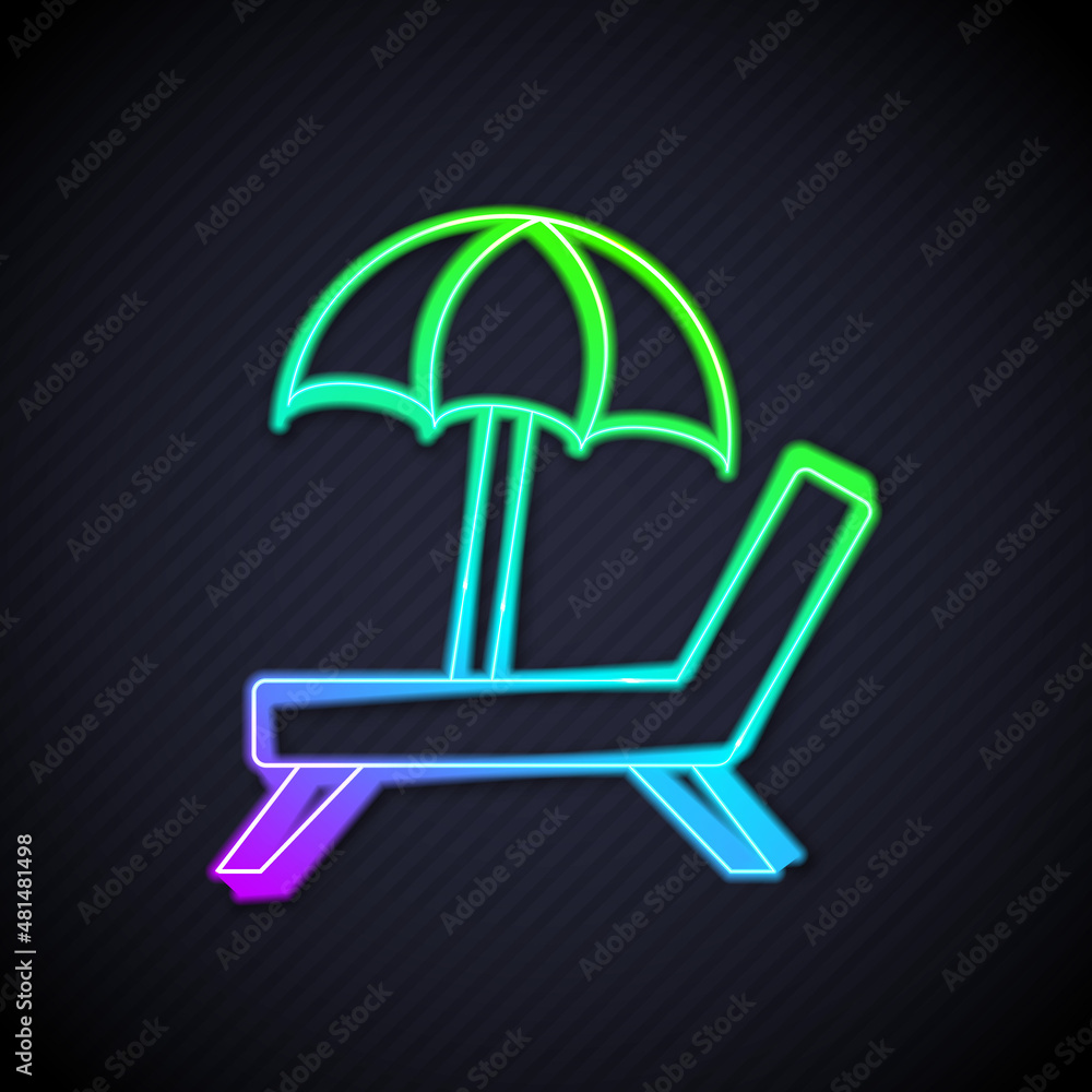 Glowing neon line Sunbed icon isolated on black background. Beach umbrella and Sun lounger. Vector