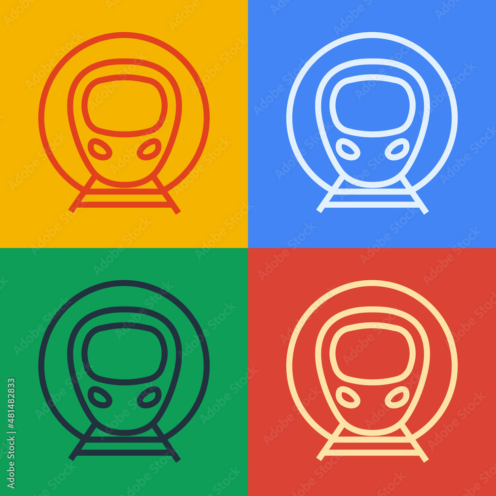 Pop art line Train and railway icon isolated on color background. Public transportation symbol. Subw