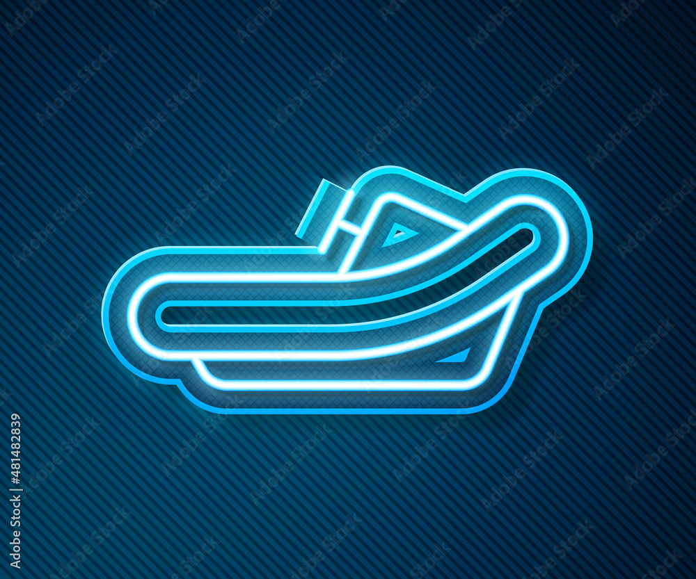 Glowing neon line Rafting boat icon isolated on blue background. Inflatable boat with paddles. Water