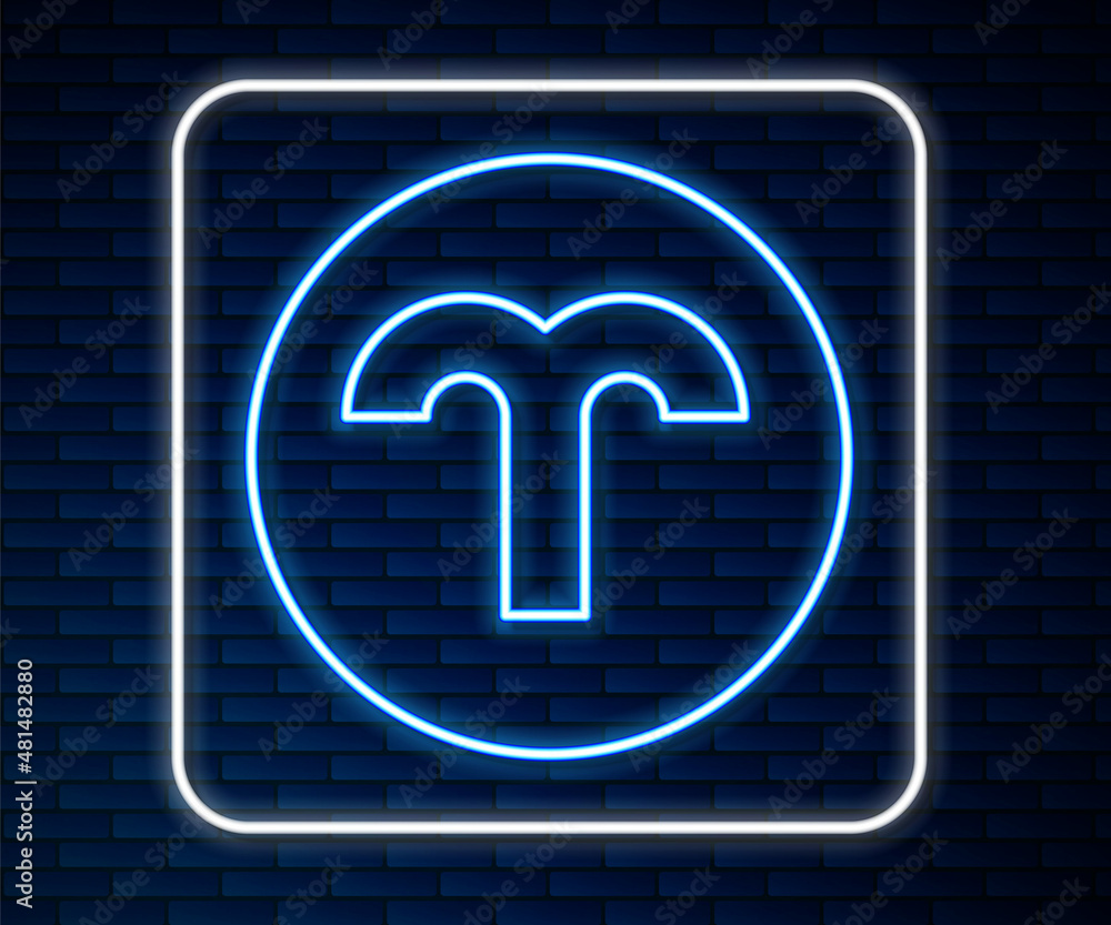 Glowing neon line Aries zodiac sign icon isolated on brick wall background. Astrological horoscope c