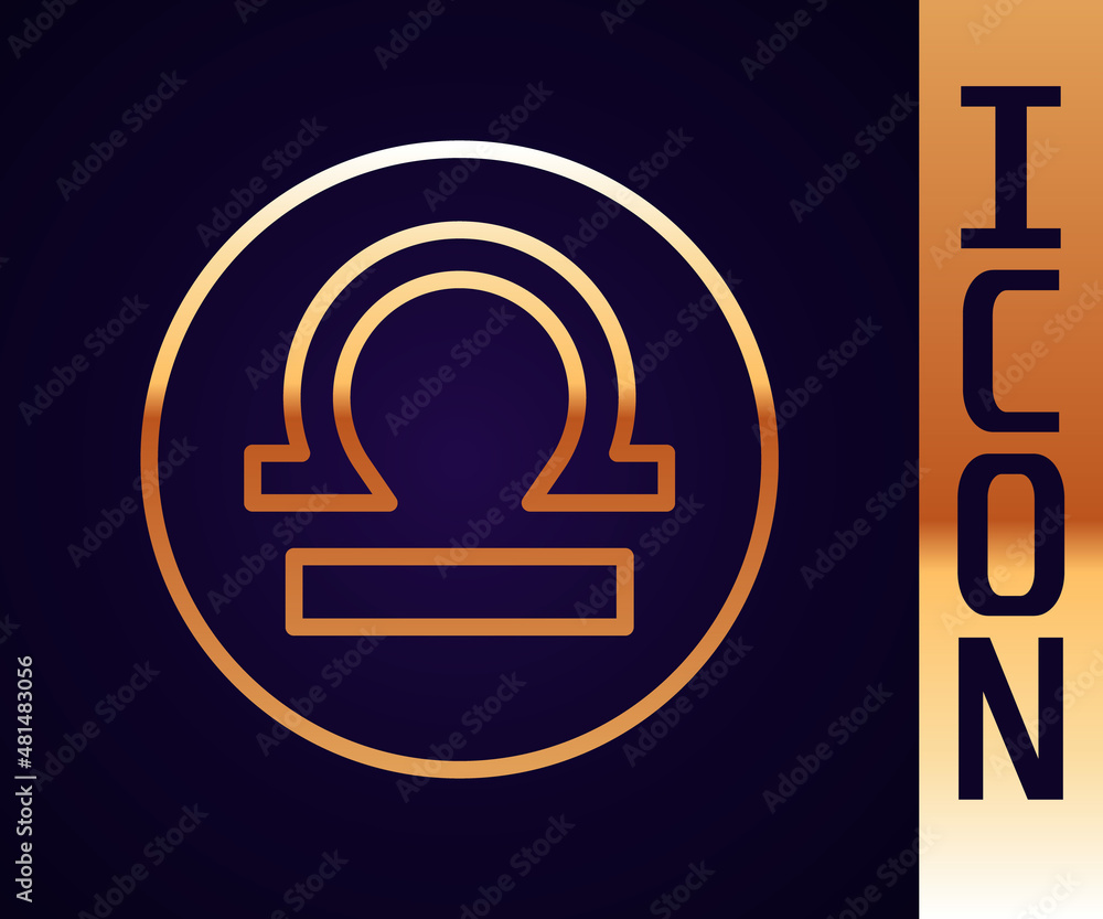 Gold line Libra zodiac sign icon isolated on black background. Astrological horoscope collection. Ve