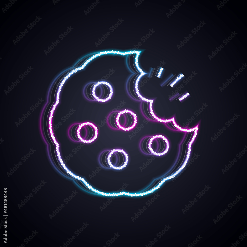 Glowing neon line Cookie or biscuit with chocolate icon isolated on black background. Vector