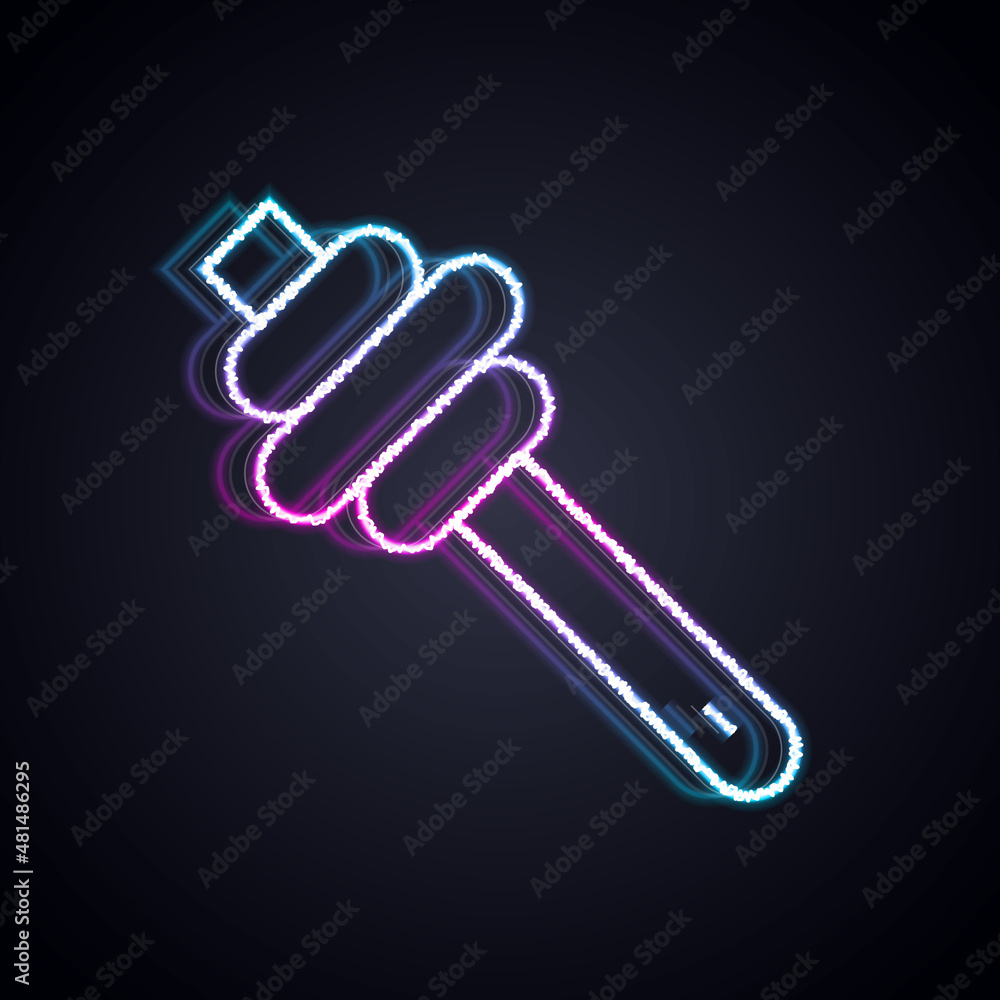 Glowing neon line Honey dipper stick icon isolated on black background. Honey ladle. Vector